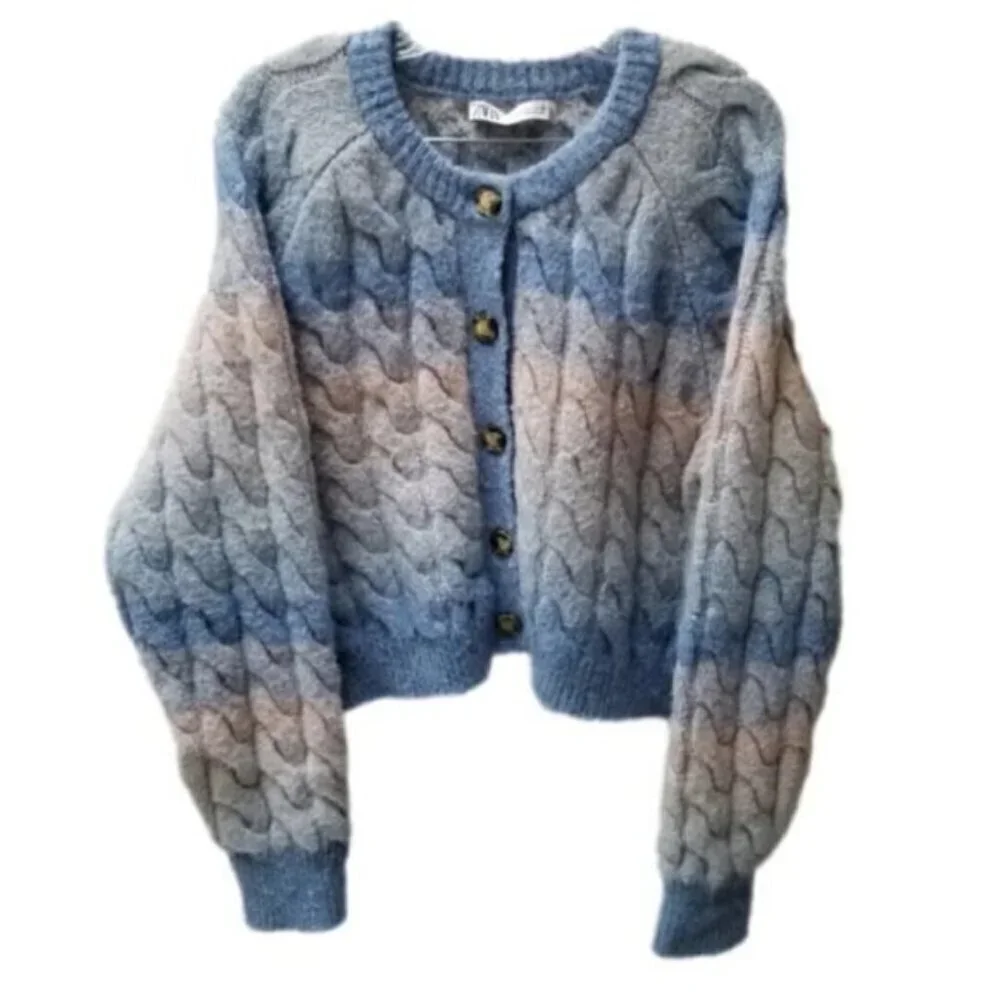 Zara Blue Pink Wool Blend Cable-Knit Button Up Sweater Cardigan L - Picture 5 of 14